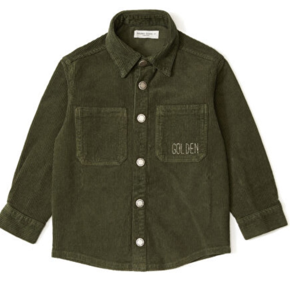 NWT [Golden Goose] Green Long-Sleeve Button-Up Embroidered Corduroy Shirt Kids 6